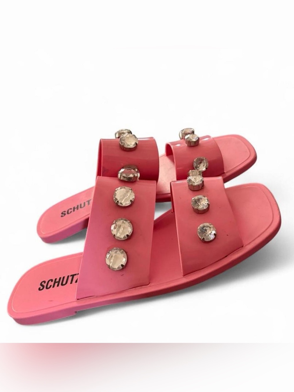 SCHUTZ Pink Jeweled Double-Strap Lizzie Slide Sandals
